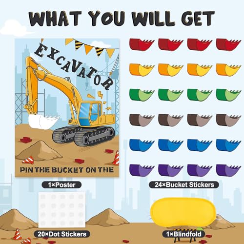 Image of WERNNSAI Pin the Bucket on the Excavator Construction Party Game | Construction Birthday Party Supplies,Truck Party Activity for Kids Boys,28 inch x 21 inch Truck Poster with 24 Stickers and Blindfold