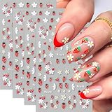 4Pcs Flower Nail Art Stickers Decals 5D Embossed Floral Strawberry Nail Sticker Self-Adhesive Flower Strawberries Heart Nail Art Design White Small Flowers Daisy Nail Decoration Supplies for Women