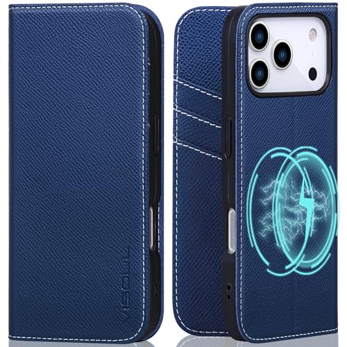 Étui portefeuille iPhone 17 Pro VISOUL en cuir de palmier bleu avec blocage RFID