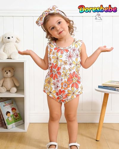 Doresbebe 12-18 Months Baby Girl Clothes Infant Outfits Floral Pink Sleeveless Romper 2-Pack Set Adorable Summer Jumpsuit Spring Lovely Adjustable Headband 1-2Years Old Birthday Day Outfit