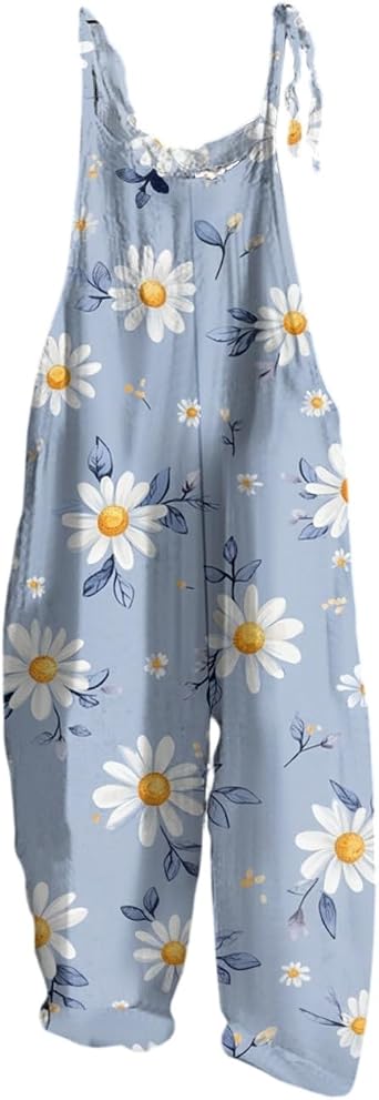 Women Linen Overalls Casual Floral Loose Fit Jumpsuits Boho Bib Pants