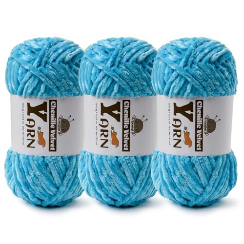 Image of 3 Pack Plush Chenille Chunky Yarn - Fluffy Velvet Yarn Crochet for Blanket Knitting and Crocheting - Soft Baby Yarns for Crocheting - Amigurumi Crochet Yarns 100g (87yds) (3 Lake Blue)