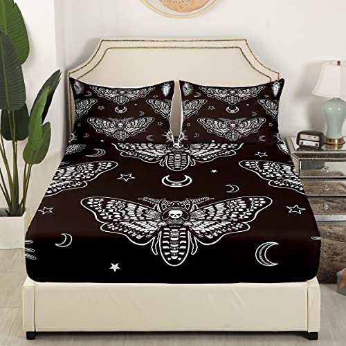 Manfei Gothic Skull Fitted Sheet Death Moth And Flower Print Bedding Set 3Pcs For Kids Moon And Star Decor Sheet Set Microfiber Bed Sheet Set (1 Fitted Sheet + 2 Pillow Cases) Full Size #TOP2