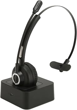 Bluetooth Headset, Cordless Headset with Rotatable Mic, Trucker Headset with Charging Base, for Trucker, Remote Work, Online Meeting, Business Travel