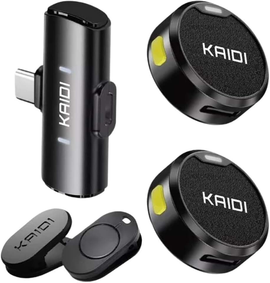 Microfone de Lapela Sem Fio Bluetooth Kit 2 Microfonones Abafamento de Ruído Até 10 Horas Tempo de Trabalho Compatível com Camera, iPhone, Android, PC - Conexão Android e USB-C - Linha Kaidi Premium