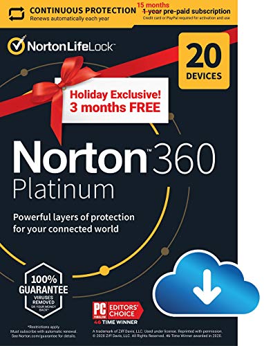 Norton 360 Platinum 2021 Antivirus Software (20 Devices, 15 months)  $35 at Amazon