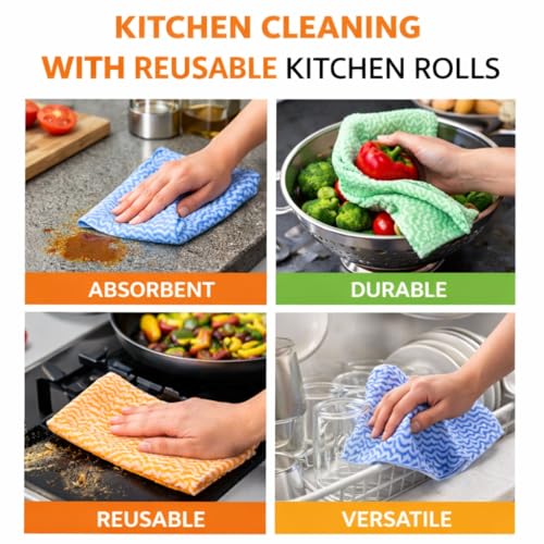Image of Non Woven Reusable & Washable Kitchen Towel Roll | Ultra Absorbent, Antimicrobial & Anti Odour for Spotless Cleaning | Quick Dry Multi Purpose Hand or Machine Washable (3 Rolls, Upto 120 Pulls)