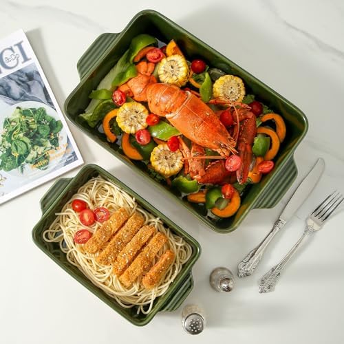 Ceramic Baking Casserole Dish with Handles, Large 9x13 inch Pan and Middle Baking Pan - Porcelain Serving Bakeware Set (Forest Green)