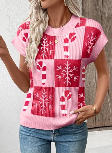 Image of EVALESS Short Sleeve Sweater for Women Crewneck Color Block Knit Tops 2026 Summer Trendy Cap Sleeve Sweater Vest