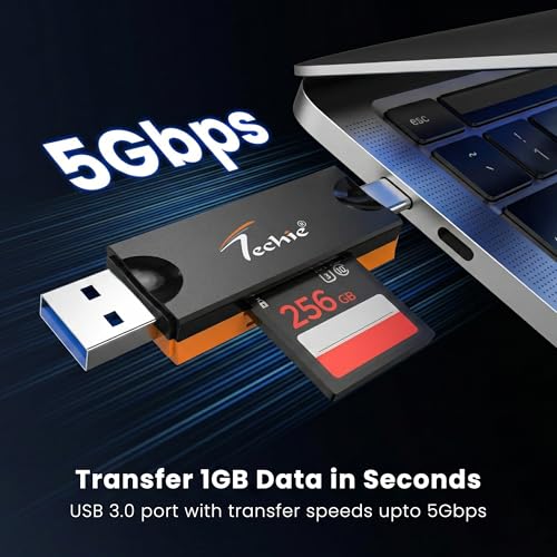 Image of Techie 2 in 1 USB A and USB C Card Reader with SD and Micro SD Slots, Fast Data Transfer, Plug and Play for Laptop, MacBook, iPad Pro, Tablet, Camera, Black Orange
