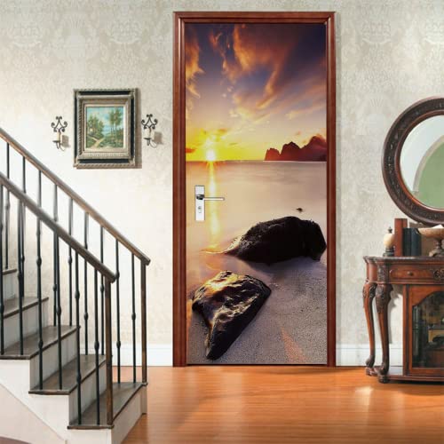 Sticker Porte Coucher de soleil et mer Papier Peint pour Porte Stickers Trompe Loeil Papier Peint 3d Trompe L'oeil Poster de Porte L100 x H200cm