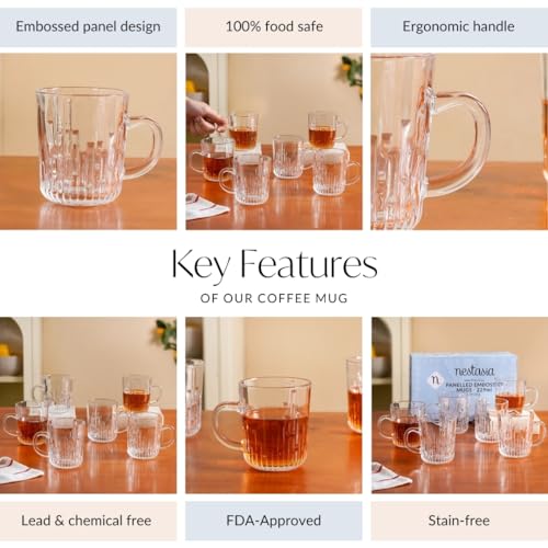 Image of Nestasia Set of 6 Transparent Glass Tea Cups (230ml Each) - Stripped Textured Durable & Chip-Resistant Coffee Mugs | Perfect for Coffee, Tea, Hot & Cold Beverages