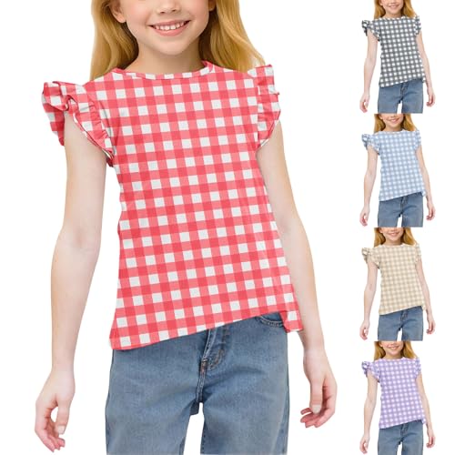 Girls Cute Plaid Ruffle Flutter Sleeve T-Shirts Casual Loose Crewneck Tees Summer Tops for Kids 3-15 Years2