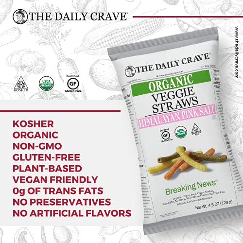 The Daily Crave Organic Veggie Straws, Crunchy Veggie With Himalayan Pink Salt, 4.5 Ounce (Pack Of 8) Gluten-Free, Vegan, Kosher, Crunchy #TOP5