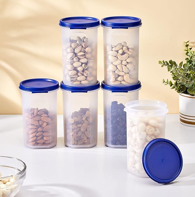 Image of LUXART Round Modular Container Set | Airtight Plastic Kitchen Storage Jars | Pack of 6 | BPA-Free Food Grade Material for Fresh Pulses | Spices & Snacks, Stackable Space-Saving Design |