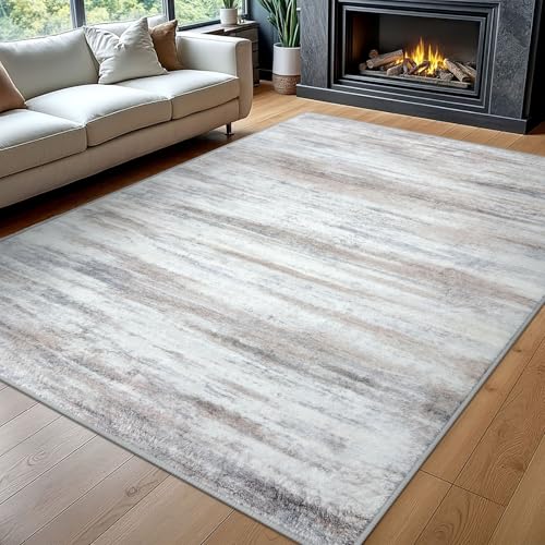 KOZYFLY Washable Rugs 8x10 Area Rug Modern Ombre Thin Rugs for Living Room, Washable Large Non-Slip Soft Striped Rug for Bedroom, Print Distressed Beige Abstract Carpet for Laundry/Kid Room