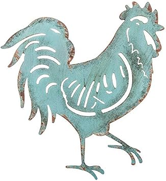 Everydecor Metal Rooster Wall Decor - Blue French Rooster for Kitchen Decor and Yard Art - Hanging Farmhouse Sign for Indoor and Outdoor Use - Decorative and Lightweight