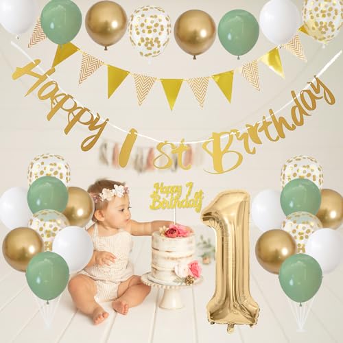 Image of 1st Birthday Decorations for Boys Girls, Sage Green White Gold Birthday Balloons with Happy 1st Birthday Banner First Birthday Cake Decoration Number 1 Balloon for Baby 1 Year Old Birthday Party Decor