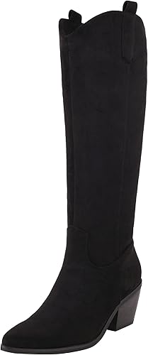 Reitoye Botas vaqueras para mujer, bordadas, vaquera occidental, botas de tacón alto y grueso, con pestañas para tirar