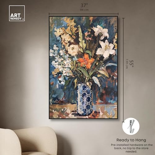 Image of Art Remedy Blue Floral Vase Canvas Floral Vase Wall Art, Black Frame, 36 inch x 54 inch