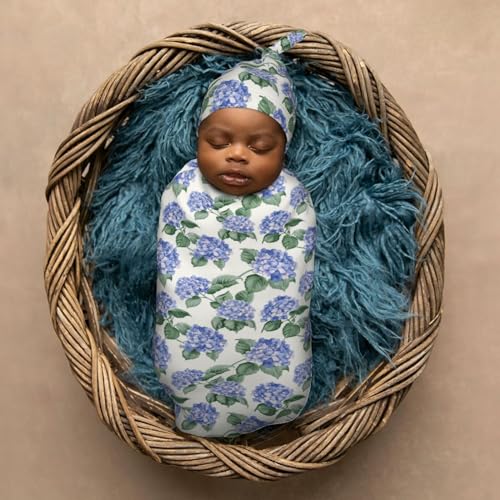 Image of Hydrangea Flower Newborn Swaddle Blankets Hat Sets Soft Baby Receiving Blanket Swaddle Sack for Baby Shower Infant Boy Girl Gift