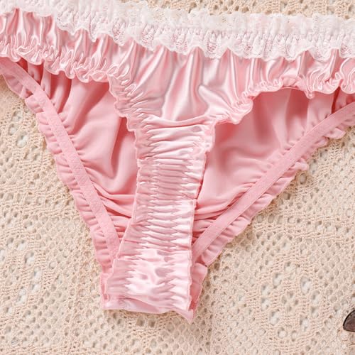 ABAFIP Men's Satin Frilly Lace Trim Sissy Bowknot Thong Panties Elastic Waist G-string Briefs Underwear3