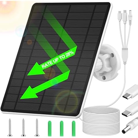Solar Panel for Security Camera, Camera Solar Panel Suitable for All Security Camera with Micro USB & USB-C & DC Ports, IP65 Waterproof Solar Panels for Cameras, 360°Adjustable, 9.8Ft Charging Cable Cover