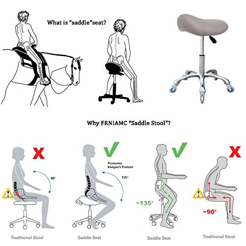 FRNIAMC Professional Saddle Stool with Wheels Ergonomic Swivel Rolling Height Adjustable for Clinic Dentist Beauty Salon Tattoo Home Office (Grey) - Thumbnail 3