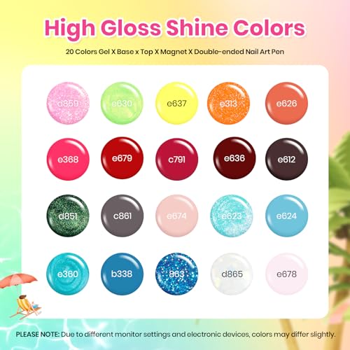 Image of Beetles Gel Nail Polish Set, 20 Colors Bright Pink Blue Green Pearl Gel | with Base Glossy & Matte Top Coat Uv DIY Salon Manicure Kit Beach Bash Nails Gift for Women