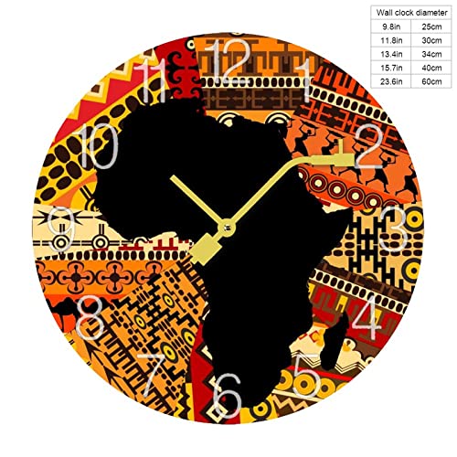 Africa Map On Ethnic Pattern Round Wall Clock Silent Non Ticking Quartz Clocks Pvc Wood For Kids Living Room Bedroom Kitchen School Office Decor #TOP1