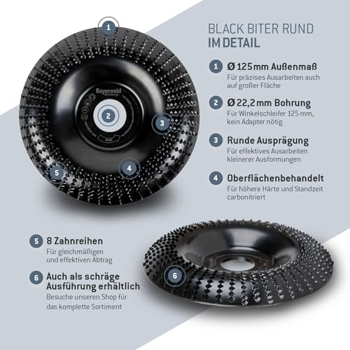 BayerwaldBlack Biter curved/rund - Raspelscheibe - Ø 125 mm x 22,2 mm | schnelles, grobes Abschleifen von Holz & Holzwerkstoffen | für Winkelschleifer