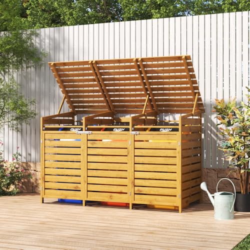 Warmiehomy 3 Wheelie Bin Storage 3 x 240L Bin Storage for Wheelie Bins, Wooden Triple Wheelie Bin Store Storage for 3 Bins, 1 CM Thick Wood Board, 198 x 86 x 122.5 CM, Yellow