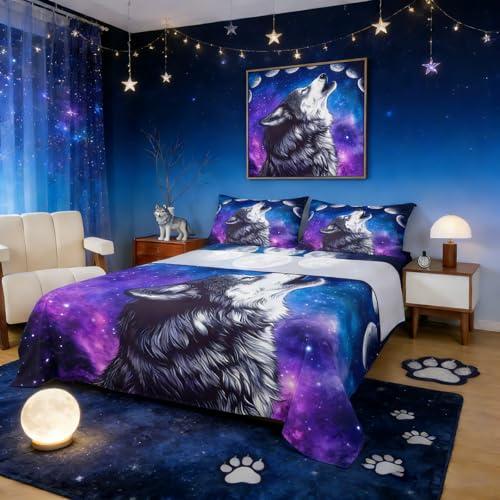 Erosebridal Howling Wolf Bed Sheets Blue Purple Starry Sky Sheet Set Twin Size,Galaxy Series Fitted Sheet for Child Teens Youth Man,Stars Moon Top Sheet Wild Animal Themed Room Decor