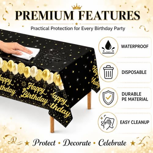 Image of 4 Pack Black and Gold Happy Birthday Tablecloths, 54 x 108 Inch Covers | Black and Gold Birthday Party Decorations for Men, Women and Teens, Ideal for Cake, Dessert, Gift and Buffet Tables