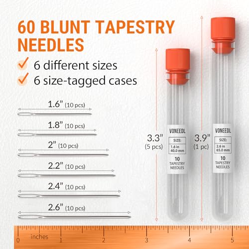 Image of VONEEDL Large Eye Blunt Tapestry Needles (Pack of 60) - 6 Sizes with 6 Storage Tubes - Perfect for Darning, Embroidery, Cross-Stitching, Needlepoint, Crafting, Knitting, Weaving, and DIY