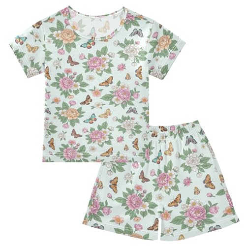 Pajama Short Sets Floral Butterflies Colorful Pattern Soft Cotton Summer Sleepwear 2 Piece PJS Size 5-14T