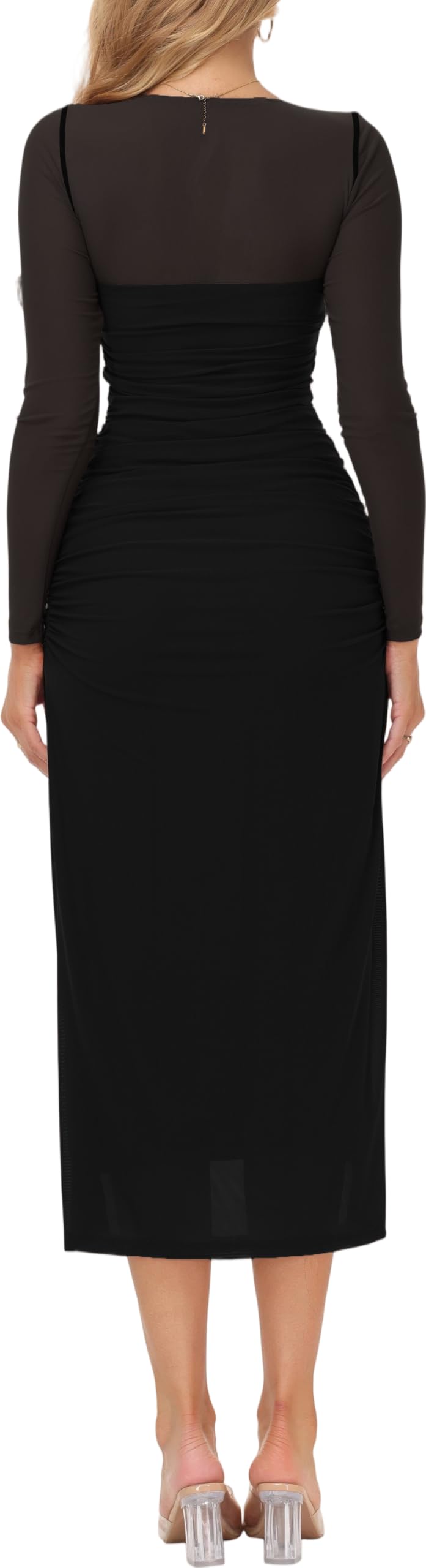ELFIN Damen Kleider Elegant Mesh Langarm Bodycon Maxi Kleid Partykleid