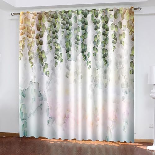 Musihy Cortinas de habitación para dormitorio, estéticas, 101,6 x 244,8 cm, diseño de hojas de vides, cortinas opacas con aislamiento térmico para dormitorio, con ojales, color verde y gris claro
