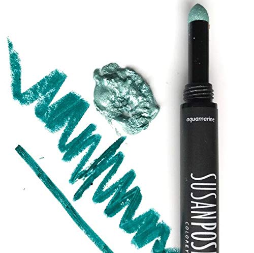 Susan Posnick Cosmetic Eyeliner with Dual Colors and Eyeshadow (Tourmaline & Aquamarine) – Dual-Ended Angled Pencil & Blendable Self-Dispensing Eye Shadow in Slender Container