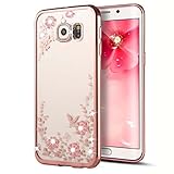 Galaxy S7 Edge Case, Ebest Glitter Electroplate Bumper Bling Butterfly Garden Soft TPU Silicone Flip Back Cover Case for Samsung Galaxy S7 Edge, Rose Gold Bumper Pink Flower