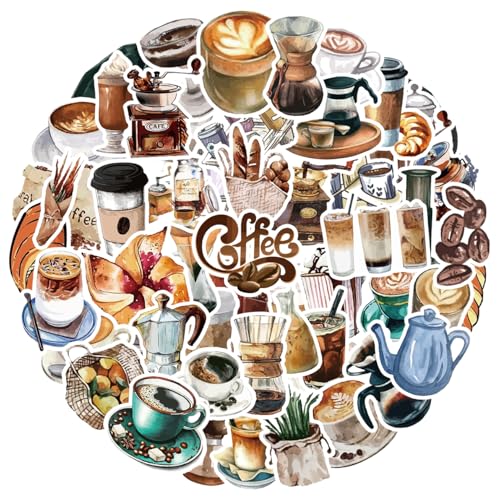 Kaffee Getränke Stickers Set 50 Stück, Wasserdichte Vinyl Cute Coffee Cafe Aufkleber für Laptop, Wasserflasche, Reisekoffer, Handyhülle, iPad, Tagebuch, Scrapbook, Kinder Jugendliche