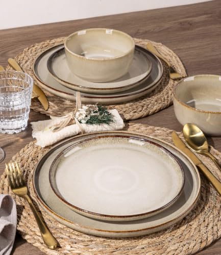Image of GBHOME Dinnerware Sets for 8, 24 Pieces Ceramic Plates and Bowls Set | Scratch Resistant Stoneware Dishes Set, Dishwasher & Microwave Safe, Reactive Glaze-Almond Cream
