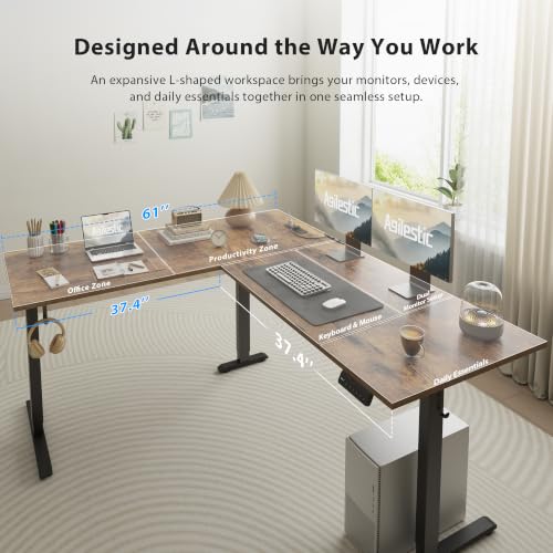 Image of Agilestic 75x61 Inch L Shaped Electric Standing Desk, Corner Workstation, Rustic Brown