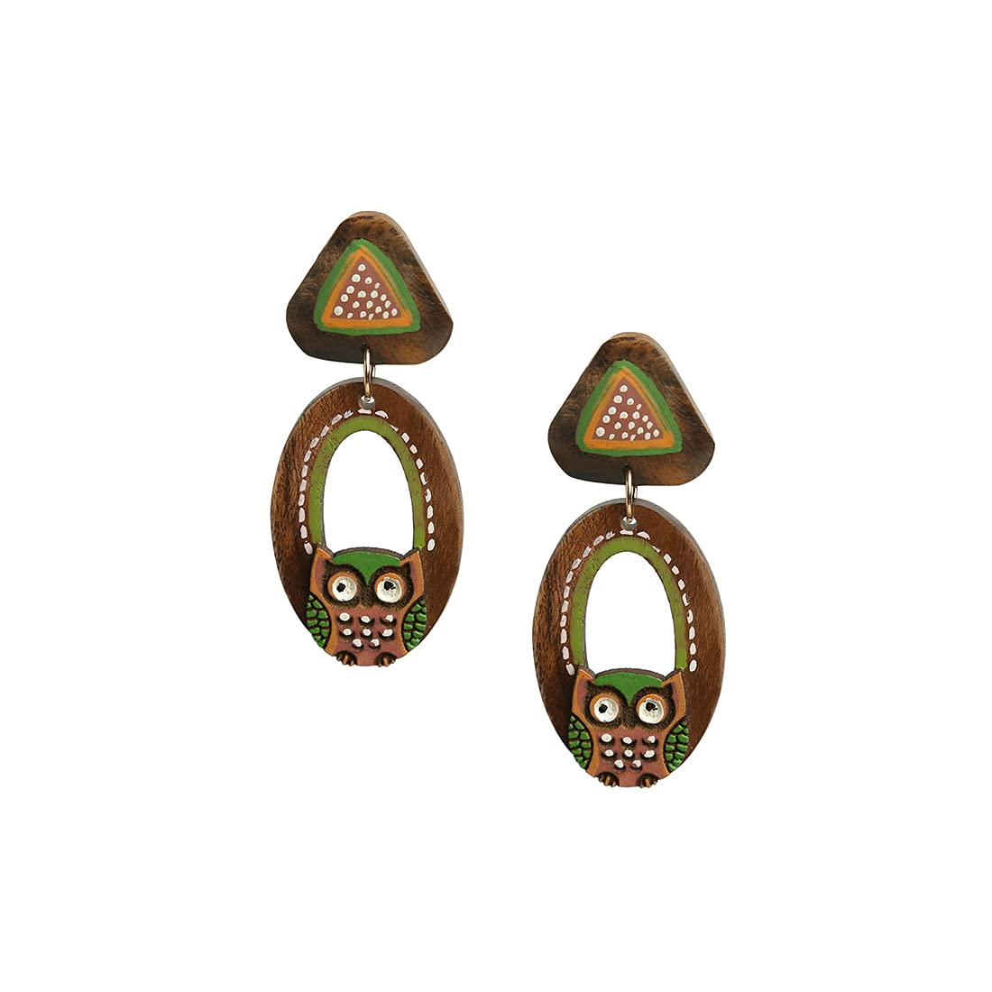 ExclusiveLane 'Symphony of Owls' Bohemian Handpainted Traditonal Earrings For Women & Jhumka In Recycled Wood, (L * H) = (1.1 * 2.8) Inch (EL-030-067)