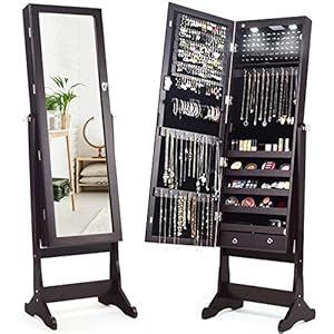 Giantex 2 LEDs Lockable Standing Jewelry Cabinet with Full-Length Mirror, Lockable Mirrored Jewelry Armoire with Scarf Rod 2 Drawers and 4 Adjustable Angle, Brown