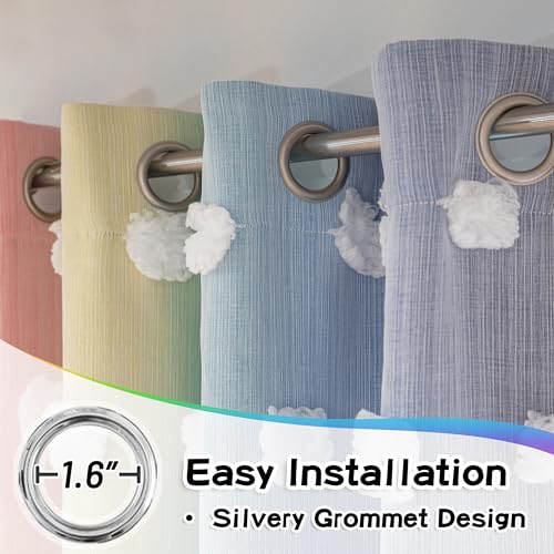 Image of MYSKY HOME Nursery Curtains for Girl Bedroom Rainbow Curtains 72 Inches Long Pom Pom White Sheer Curtains for Kids Room Double Layer Toddler Bedroom Grommet Room Darkening Window Panels 52 x 72 in