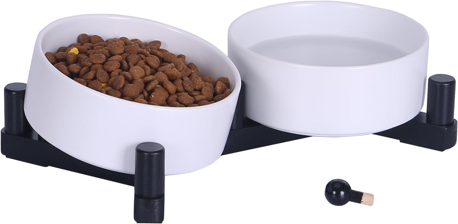 Ceramic Dog Bowl and Cat Bowls Set with 15° Adjustable Wood Stand, Non-Slip Weighted Pet Food and Water Bowls, Dual Raised Feeder for Small Dogs, Matte Glaze Pet Dish 13.5oz Set of 2 (Soft Pink)