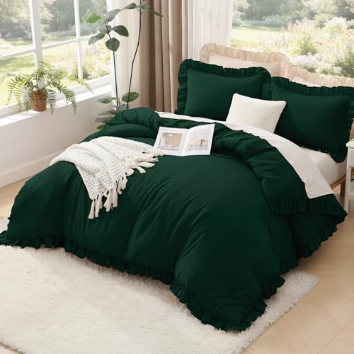 Image of Litanika Dark Emerald Green Full Comforter Set, 3 Pieces Boho Vintage Solid Forest Ruffle Bedding Set, All Season Lightweight Bed Set (79x90In Comforter & 2 Pillowcases)