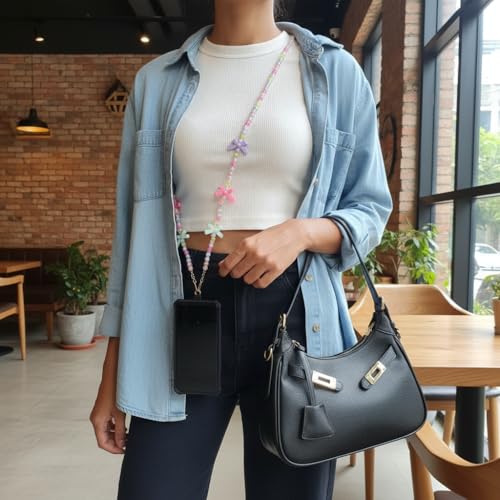 Image of KHOLAD White Bow Phone Chain Crossbody Pearl Strap | 2in1 Wrist & Shouler Crossbody Lanyard | Pearl Beads Charms Chain with Phone Tether Patches | Compatible with Most Phones, Bag, Purse