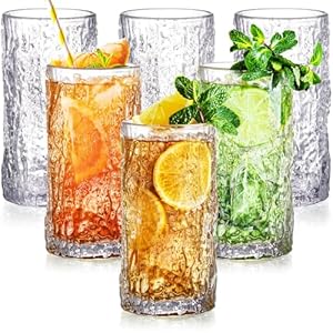 Set of 6 Highball Drinking Tumbler Glasses, 350 ml Embossed Tall Water Tumbler, Beverage Glass Thick Heavy Base, Vintage Glassware Drinkware for Cocktail, Beer, Whiskey, Juice, Iced Coffee
